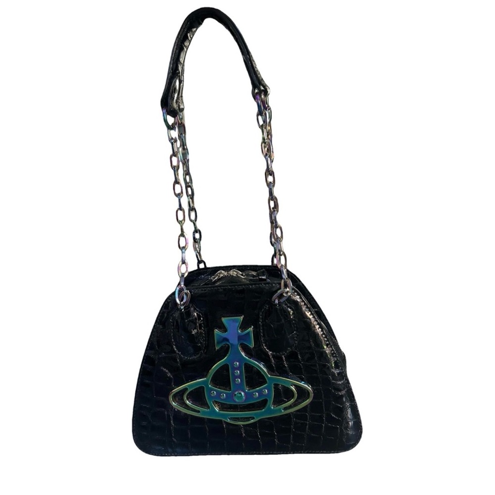 Vivienne Westwood Black Patent Leather Croc-Embossed Bag w Iridescent Orb Accent